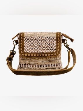 Myra Bag Panchang Beige and Brown Woven Crossbody Purse with Suede Trim